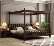 Furniseworlds Sheesham Wood King Size Poster Bed Wooden Double Bed Cot Bed Furniture for Bedroom Home and Hotel (Walnut Finish)