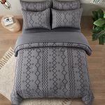 WONGS BEDDING Dark Gray Tufted Comforter Set Queen Size (90×90 inches), Boho Shabby Chic Comforter Geometry Embroidery Bedding Set 3 Pieces Soft Microfiber Grey Comforters