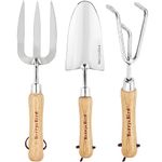 Berry&Bird Garden Tool Set 3 Pieces Stainless Steel Heavy Duty Gardening Kit Includes Hand Trowel, Hand Cultivator and Hand Fork with Wood Handle for Weeding Transplanting Digging, Ideal Garden Gifts