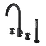 Bathtub Faucet Matte Black, Roman Tub Faucets with Hand Shower, 2 Cross Handles 4-Hole Bathtub Faucet, Deck Mount Bathroom Faucet Brass