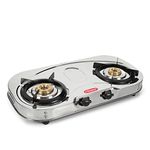 Khaitan 2 Burner Draw C | LPG Cooktop (with Extra Big Party Cooking Brass burner) Stainless Steel Body | Manual Ignition LP Gas Stove |1 Year Warranty | Pan India Service| ISI Approved | (2 Burners)