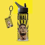 THEWHOOP Cristiano Ronaldo Printed Sipper 750 ml Aluminium Bottle & Keychain with Holding Grip Feature | Best Gift for CR7 / Football Sports Fans (Yellow)