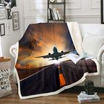 Erosebridal Airplane 3D Sherpa Blanket Sunset Bed Blanket for Boys Men Aviation Throw Blanket Aircraft Track Dark Clouds Flannel Blanket, Room Decorative Print for Sofa Chair Twin