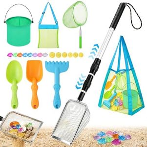 8 Pack Shelling Tools for Beach with Upgraded Shark Tooth Sifter, Sand Sifter, Rake Tooth Shovel, Collapsible Bucket, Fishing Net, Shell Bags for Beach Treasure Hunting Essentials