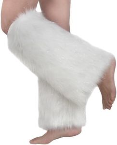 ECOSCO Womens Fluffy Faux Fur Leg Warmers Warm Cozy Furry Long Boot Cuffs Covers for Party Costumes (White+Silver Lines)