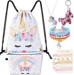 Unicorn Drawstring Backpack - Unicorn Gifts for Girls Birthday Christmas 9PCS Gym Drawstring Bags Set Including Makeup Cosmetic Bag Pink Key-chain Unicorn Necklace Bracelet Hair Ties