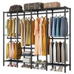 KZOBYD Clothes Rails Heavy Duty Clothing Rail, Freestanding Wardrobe Closet Rack with 4 Hanging Rods Adjustable Storage Shelves Clothing Garment Rack Coat Rails Rack with Wire Storage Shelves (Black)