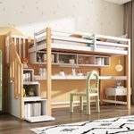 ModernLuxe Wooden House Bunk Beds for Kids, Pine Loft Bed Frame with Storage Stairs, Large Desk and Shelves, Slatted Frame Design, White and Natural, 90x190cm