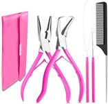 Beauty & Crafts Hair Extension Tools- Stainless Steel Pliers Set for Micro Beads- 1 Crochet Needle 1 Pulling Hook with Tail Comb- Micro Links Tool Kit with Leather Pouch- (Pink)