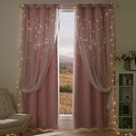 NICETOWN Girls Curtains 84 Inches Length for Bedroom, Stylish Double-Layer Star Moon Nursery Grommet Blackout Window Drapes for Christmas Decor,2 Panels, 52 Inches Width, Baby Pink