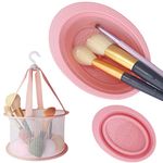 RSAOENF Makeup Brush Cleaning Mat & Hanging Drying Net, Foldable Silicone Makeup Brush Cleaner Brush Cleaning Pad Cleaning Bowl With Mesh Drying Rack Basket To Dry Makeup Sponge, Powder (Pink)