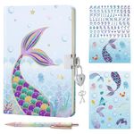 Mermaid Journal Set - Glitter Notebook Gift for Girls Kids Blue School Travel Private Diary Hardcover A5 Lined Memos Writing Drawing Notepad Ballpoint Pen Stickers with Lock and Keys