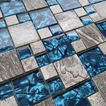 Hominter 5-Sheets Gray Marble Backsplash Wall Tiles, Teal Blue Glass Bathroom Shower Tile, Versaille Patterns Mosaic for Kitchen 9806