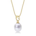 Lustrous Genuine Pearl Necklace with 8-8.5mm White Real Freshwater Pearl Drop Pendant. Single Pearl Necklace with Pearl Drop Pendant in Luxurious 9K Yellow Gold with 20 inch Gold Chain.