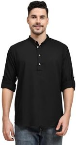 SKAVIJ Men's Cotton Kurta Long Sleeve Casual Henley Shirt (Small, Black)