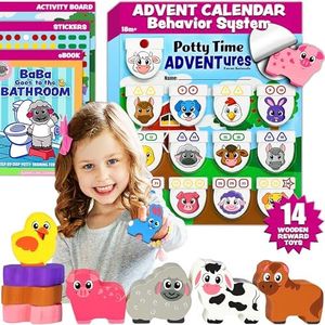 LIL ADVENTS Potty Time Adventures - Farm Animals with 14 Wooden Block Toy Prizes | Potty Training Advent Game | As Seen on Shark Tank | Wood Block Toys, Reward Chart, Activity Board and Stickers