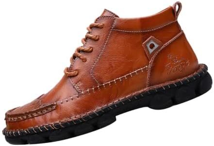 Men's Vintage Mid-top Chukka Leather Boots,Comfy Hand-Stitching Lace-up Non-Slip Softsole Work Military Combat Booties (9.5,Brown)