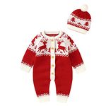 Baby Boys Girls Sweater Romper Christmas Outfits Deer Cotton Knitted Long Sleeve Jumpsuit with Hat (Red, 0-3 Months)