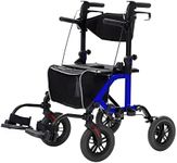 ELENKER All-Terrain 2 in 1 Rollator Walker & Transport Chair, Folding Wheelchair with 10” Non-Pneumatic Wheels for Seniors, Reversible Backrest & Detachable Footrests, Blue