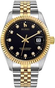 BUREI Luxury Men's Automatic Watch Date Display with Sapphire Crystal Rhinestone Markers and Stainless Steel Band