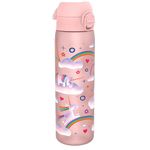 Ion8 Water Bottle, 500 ml/18 oz, Leak Proof, Easy to Open, Secure Lock, Dishwasher Safe, BPA Free, Hygienic Flip Cover, Carry Handle, Easy Clean, Odour Free, Carbon Neutral, Unicorn Rainbows Design