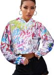 OYOANGLE Women's Crop Hoodie Long Sleeve Fashion Graffiti Print Hooded Sweatshirt Pullover Top White Multicoloured X-Large