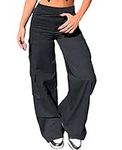 Nuofengkudu Womens Black Wide Leg Cargo Pants Y2K Stretch Multi Pockets Utility Bootcut Elasticated High Waisted Flared Bootleg Loose Fit Pull on Work Pants Gothic Bottoms Streetwear Casual M