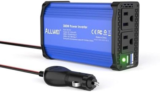 ALLWEI 300W Car Power Inverter DC 12V to 110V AC Power inverters for Vehicles Converter USB-C PD65W/18W USB Fast Charging Ports Car Charger Adapter (Blue)