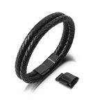 SERASAR 20cm Black Bracelet for Men - Genuine-Leather Gift-Box Cowhide Braided Adjust-Able Magnetic-Clasp Multi-Layer Wrap Rope Man Mans Male Boy Boys Mens Bracelets Band Jewelry Magnet Jewellery-Box