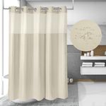 Ecoehoe 71“W x74”H Heavy Fabric Hook Free Shower Curtain with Polyester Magnet Snap-in Liner–Top See Through with Mesh Window Light Beige