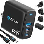 ZYRON 65W USB C Charger with GaN 3 Technology, Compact Travel Adapter, 3-Port 67W Fast Charging, PD3.0/QC3.0/PPS for S24 Ultra 45W, Laptop, iPhone Charger, Foldable EU/UK/US/AU Plug, 2m Cable, Case