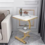 Zamofy Multipurpose Square Tea Table Modern 2-Tier Side End Table Marble Look Indoor and Outdoor Snacks Table with Metal Frame for Living Room Bedoom (White & Gold)