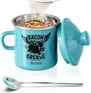PGYARD Mini Bacon Grease Container With Strainer - 15OZ Farmhouse Enamel Grease Saver, Fat Storage For Kitchen, Dishwasher Safe-Light Blue