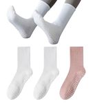 vvallis Pilates Socks, Yoga Socks with Grips for Women, 3 Pairs Non Slip Grip Socks for Barre, Dance, Barefoot Workout (Cotton Blend, C04-2 White+1 Pink)