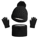 GSrenyu Kids Winter Warm Beanie Hat Scarf Gloves Set,3 in 1 Thermal Knitted Pom Bobble Hat Scarf Gloves Set for Girls Boys 1-6 Children Winter Warm Accessories Set for Outdoor Sports(Black)