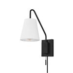 Globe Electric 65000043 1-Light Plug-in or Hardwire Wall Sconce, Matte Black, White Fabric Shade, Swing Arm, 6ft Black Braided Fabric Cord, On/Off Pull Chain, Wall Lights for Living Room, Home Décor