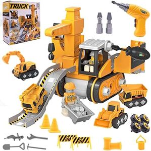 Yefun Camion Cantiere Giocattolo per Bambini Set, Veicoli da Costruzione di Escavatori, Gru, Trapani da Roccia e Pinze per tronchi, Macchinine Cantiere Regalo di Compleanno per 3 4 5 6+ Anni