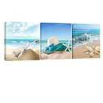 Pyradecor 3 Piece Starfish Seashell Bottle Beach Pictures Paintings on Canvas Prints Wall Art Work for Living Room Home Office Decorations Large Modern Gallery Wrapped Seascape Seaview Giclee Artwork,50x50cmx3pcs (20x20inch x 3pcs)