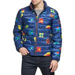 Tommy Hilfiger Men's Lightweight Down Alternative Packable Puffer Jacket Coat, Navy Flag Print, S