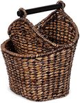 BIRDROCK HOME Seagrass Magazine and Bathroom Basket - Hand Woven Toilet Paper Holder with Pocket - Grey Wash Wooden Basket - Decorative Wicker Organizer for Toiletries, Washcloths, and Small Items