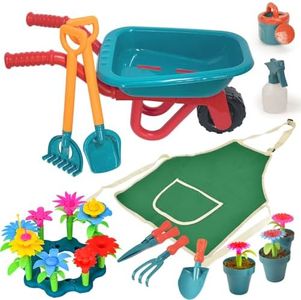 unanscre Gardening Tool Set for Kids, with Toddler Wheelbarrow, Watering Can, Spray Bottle, Double Rake, Shovel, Trowel, Pruner, Flowers Kit, Apron, Pretend Play Garden Toys for Age3+ Outdoor Yard