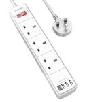 Extension Lead with 4 USB Slots (3.4A, 1 Type C and 3 USB-A Ports),POWSAF Power Strip Surge Protector with 3 way plug extension Socket and 2M Extension cube cable for Home Office Travel,White