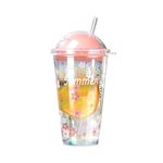 KELVEE Reusable Glass Coffee Sipper Mugs with Plastic Lid & Straw Pack of 1, 400ml Multipurpose Drinking Glasses Tumbler for Juice Smoothies Iced Tea Home & Travel Cup (Flower)