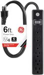 GE 6-Outlet Power Strip, 6 Ft Extension Cord, Heavy Duty Plug, Grounded, Integrated Circuit Breaker, 3-Prong, Wall Mount, UL Listed, Black, 14088