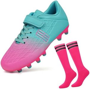 brooman Kids Firm Ground Soccer Cleats Boys Girls Football Cleats with Soccer Socks (3.5M, Mint/Pink)