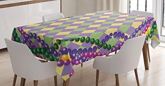 Ambesonne Mardi Gras Tablecloth, Mardi Gras Celebration Beads in Vibrant Graphic Style on Diamond Line Pattern, Dining Room Kitchen Rectangular Table Cover, 60" X 84", Lavender Purple