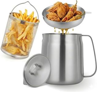 68oz Stainless Steel Oil Filter Pot with Deep Fryer Basket & Oil Strainer, 304 Food Grade Deep Fryer, Bacon Grease Saver Container for Kitchen Cooking & Camping Japanese Tempura Fryer Pot (2L)