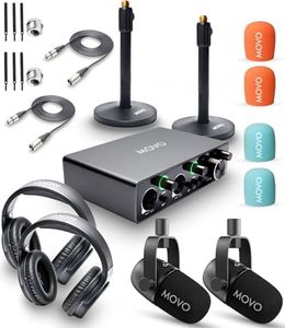 Movo Podcast Equipment Bundle for 2 with USB Audio Interface and 2 CastMic Dynamic Podcast Microphone Bundle with Mic Stands and Headphones for Podcasting, Streaming, and Musicians - Podcast Kit