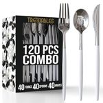 Trendables 120 Pack Disposable Silverware Set - Plastic Cutlery Dinnerware - Includes 40 Plastic Forks - Plastic Spoons - Plastic Knives - White & Silver Plastic Silverware Plastic Utensils Party Set