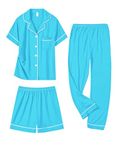 DIKFA Little Girls Pajamas Set Short Sleeve 3 PCS Clasic Sleepwear with Shorts Kids Nightwear Set Light Sky Blue 130CM